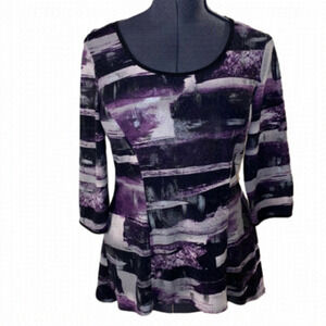 Laura Purple &  Black Abstract Mid Sleeve A Line Top/Blouse (Size Medium)